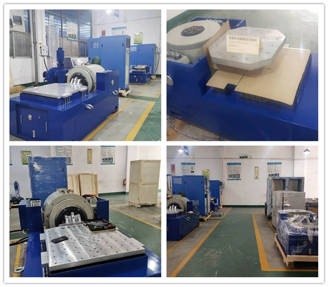 Electrodynamic vibration shaker device with magnesium alloy table and horizontal bench — side view showing control panel
